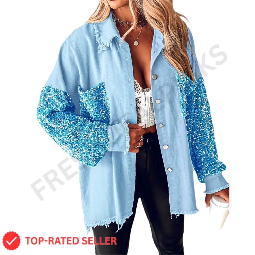 Oversized Denim Shacket Sequin Patchwork Long Sle… - image 1